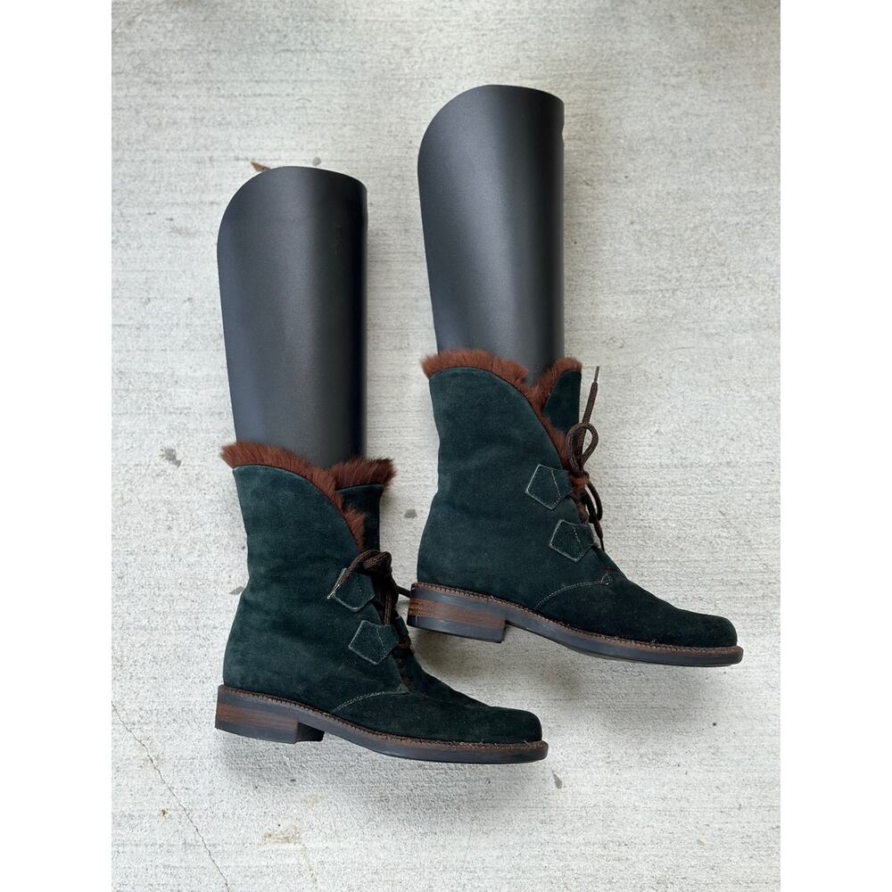 Vicini Italy Women’s EU 37.5 | US 7.5 Green Suede Fur Lined Lace Up Winter Boots - Picture 7 of 13